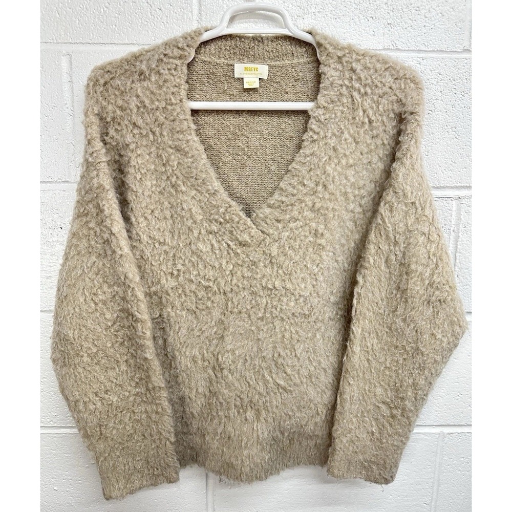 Maeve Sweater Tan Fuzzy Merino Wool V-Neck Pullover / Women's Medium